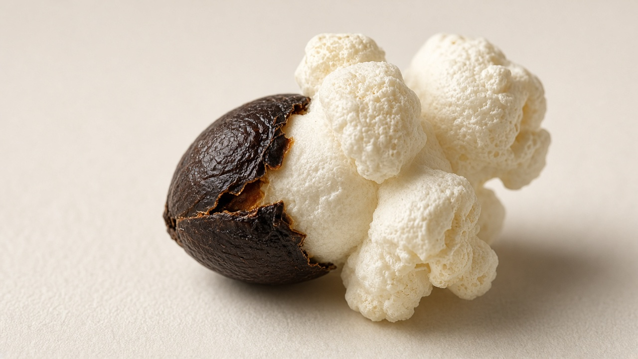 Macro still of a popcorn kernel mid-bloom: cream starch foam expanding from a split hull against a soft linen field.
